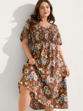 (18pcs Minimum Wholesale)Fall Florals Shirred Bodice Midi Dress