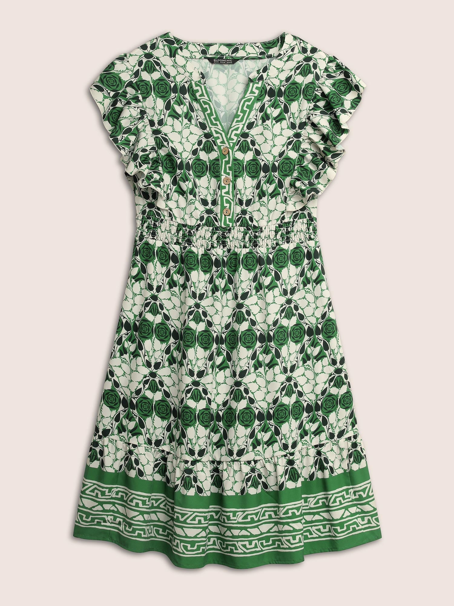 (16pcs Minimum Wholesale)Boho Print Ruffles Shirred Pocket Elastic Waist Dress