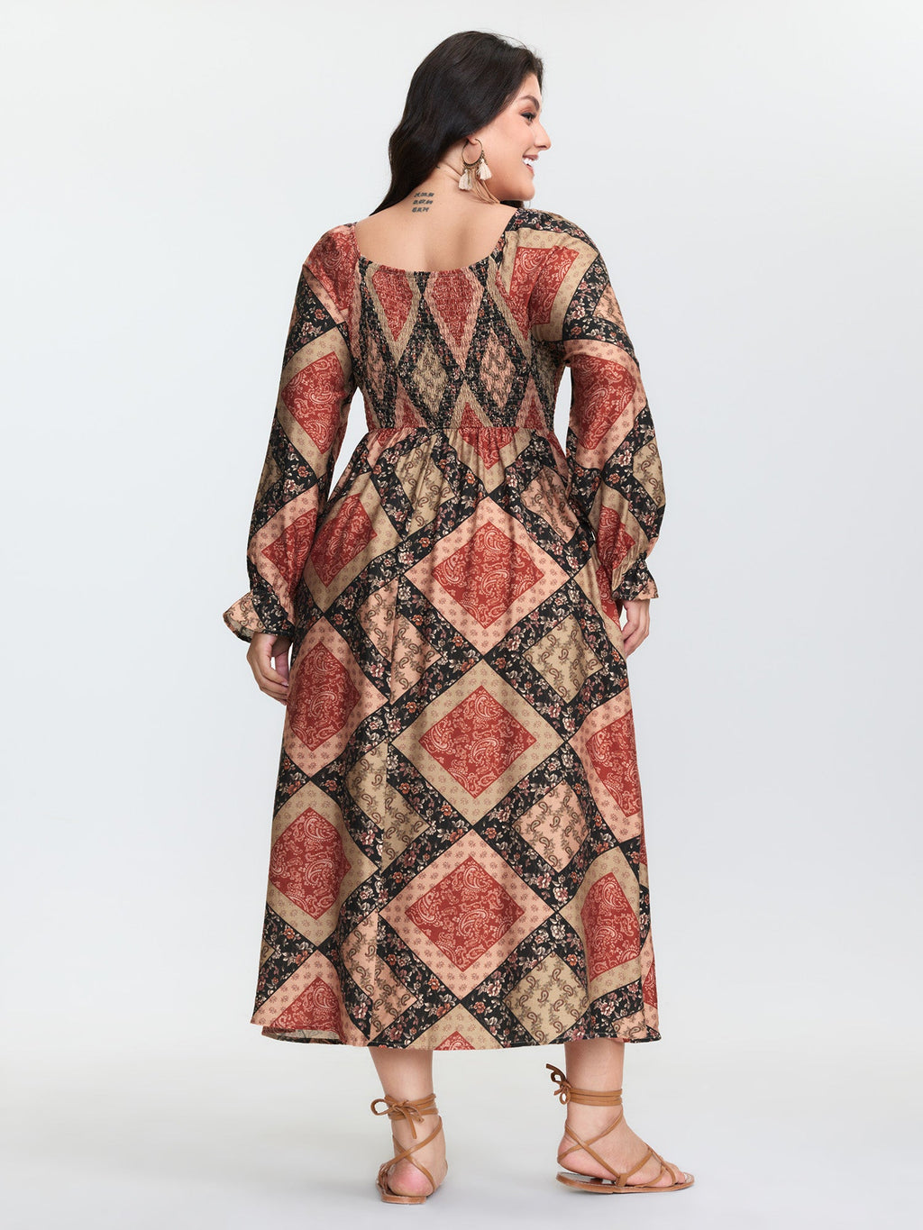 (22pcs Minimum Wholesale)Geometric Print Shirred Bodice Midi Dress