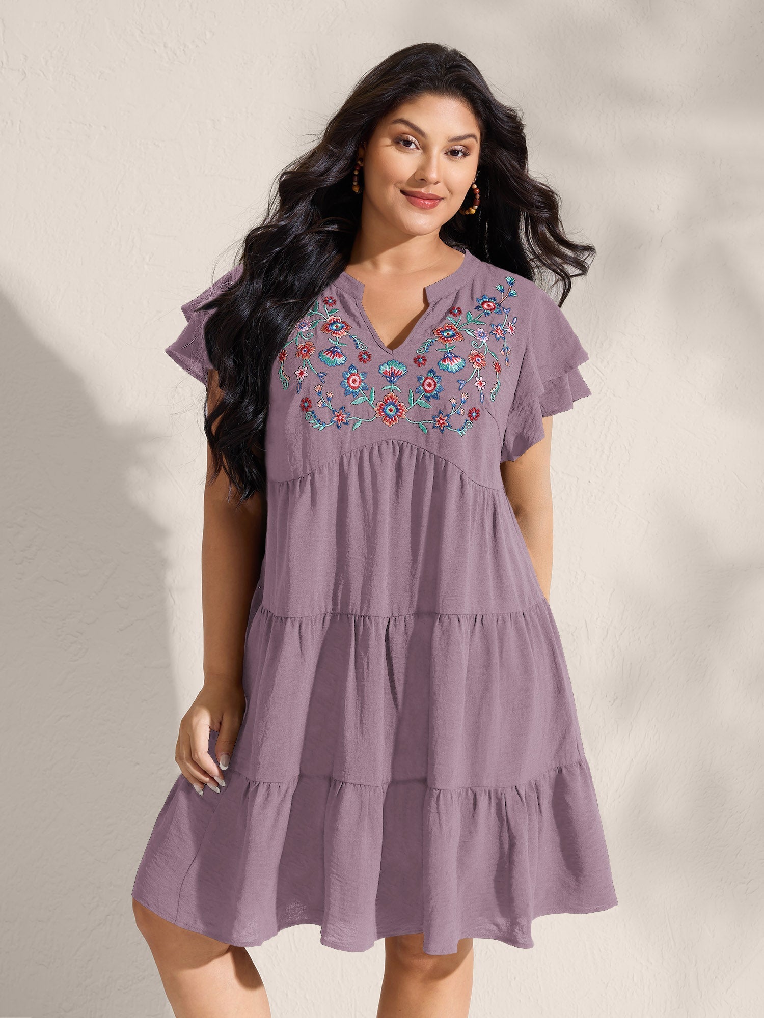 (16pcs Minimum Wholesale)Embroidered Neckline A-Line Ruffled Knee-Length Dress