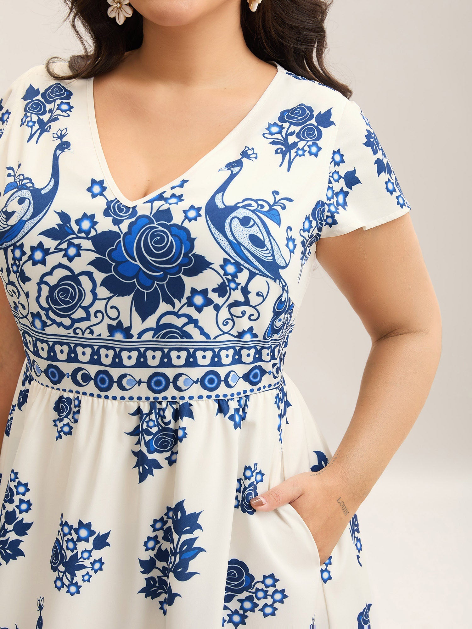 (28pcs Minimum Wholesale)Boho Print V-Neck Pockets Midi Dress
