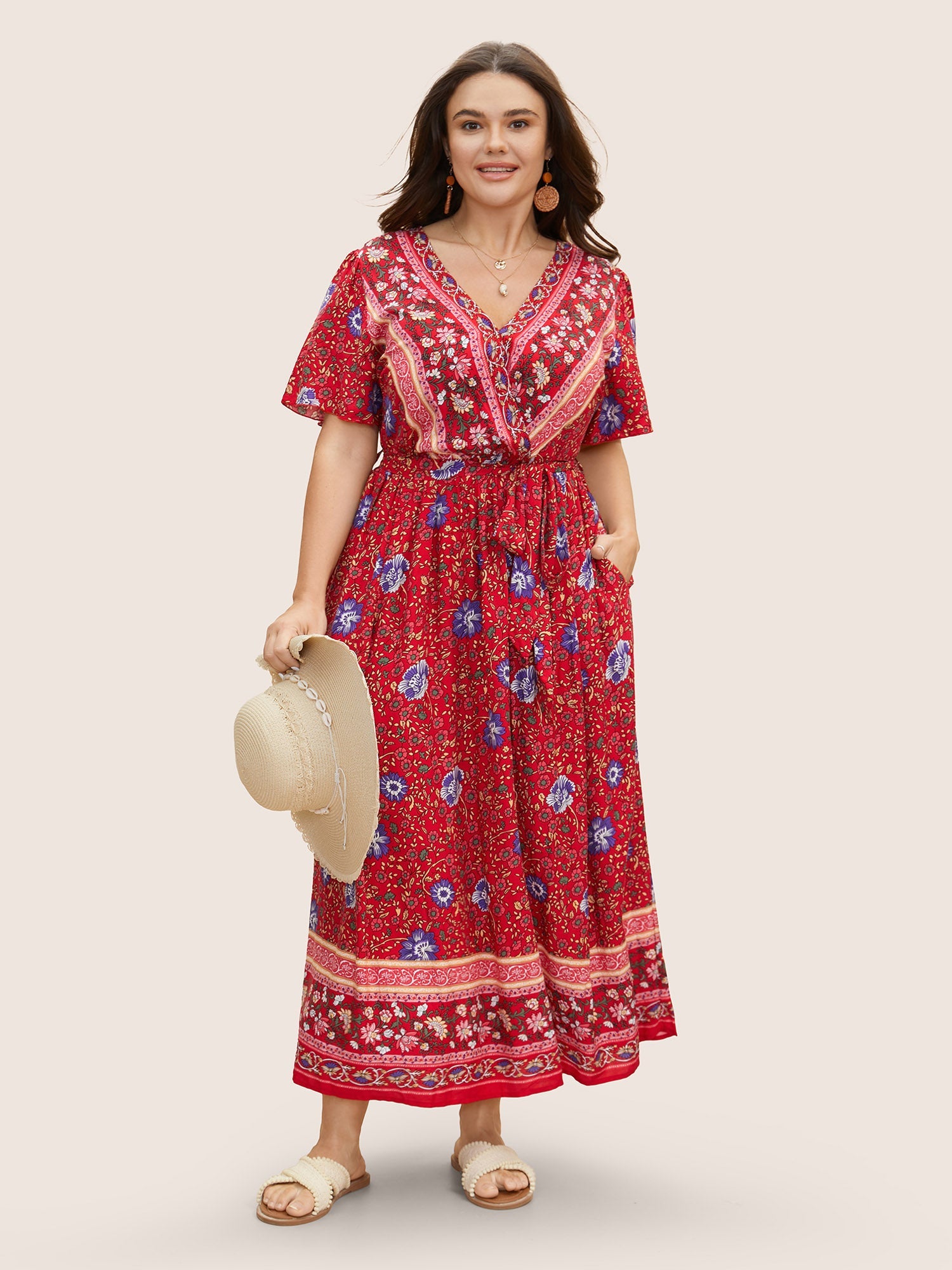 (18pcs Minimum Wholesale)Bandana Surplice Neck Pocket Belted Flutter Hem Maxi Dress