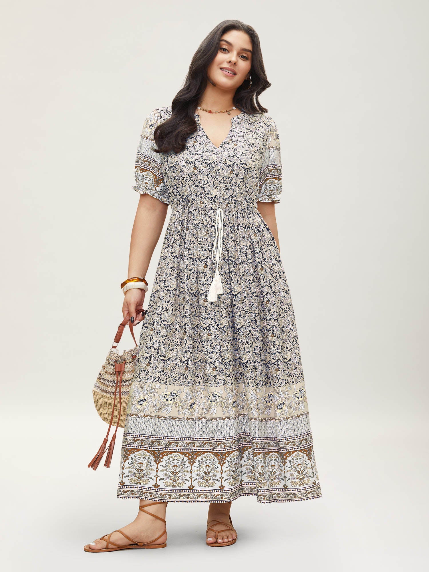 (20pcs Minimum Wholesale)Boho Print Notched Ties Tassel Trim Dress
