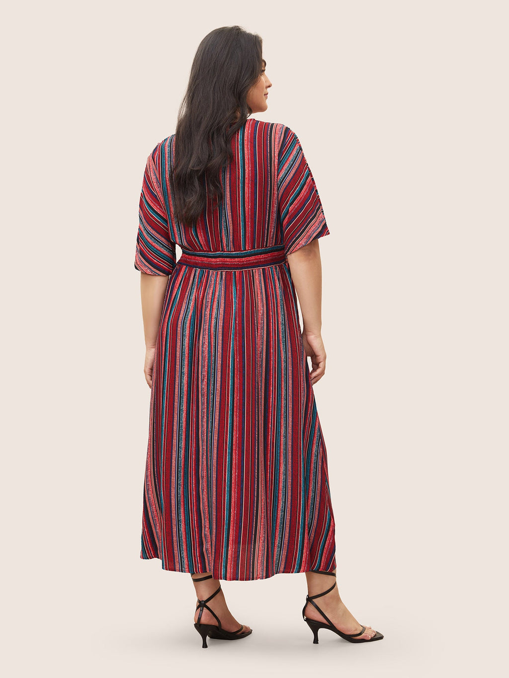 (25pcs Minimum Wholesale)Striped Contrast Dolman Sleeve Shirred Pocket Split Flutter Dress