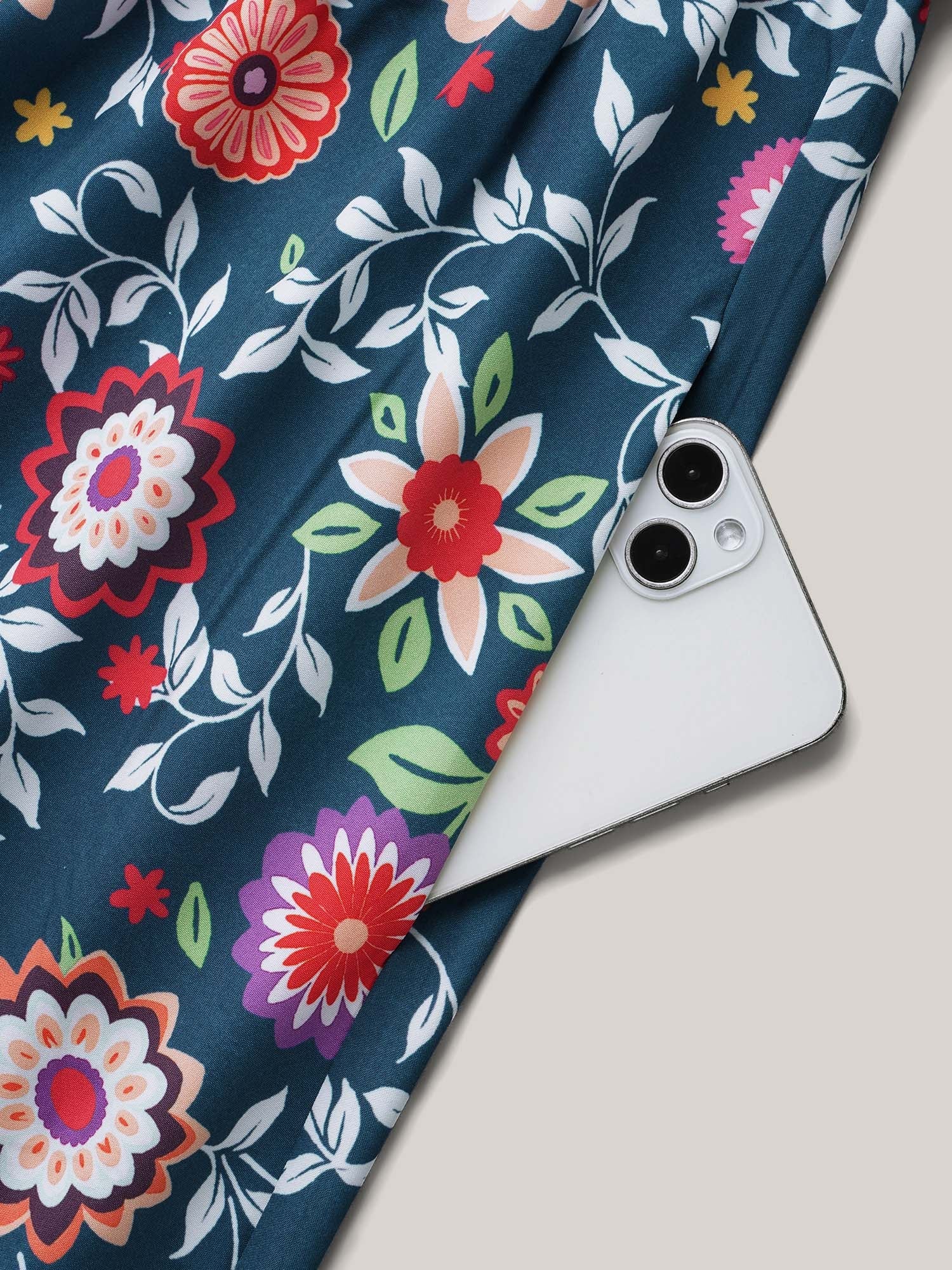 (20pcs Minimum Wholesale)Floral Print Stretchy-Waist Pockets Midi Dress