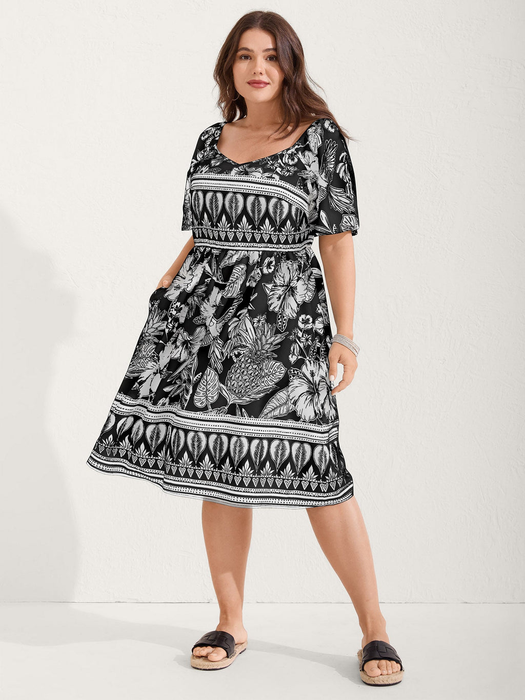 (16pcs Minimum Wholesale)Boho Print Fit Flare Pockets Mini Dress