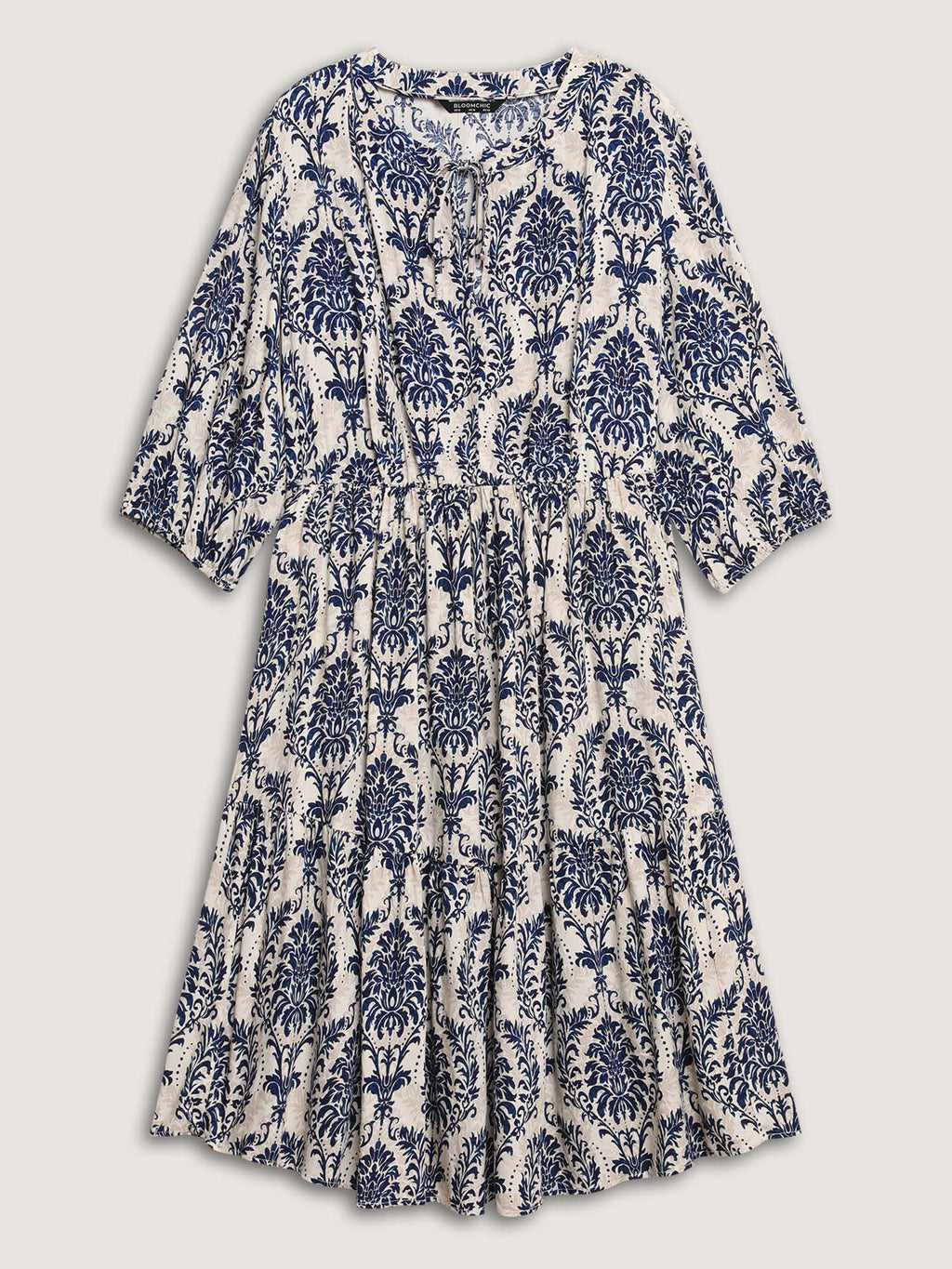 (22pcs Minimum Wholesale)Damask Print Tie Knot Puff Sleeve Dress