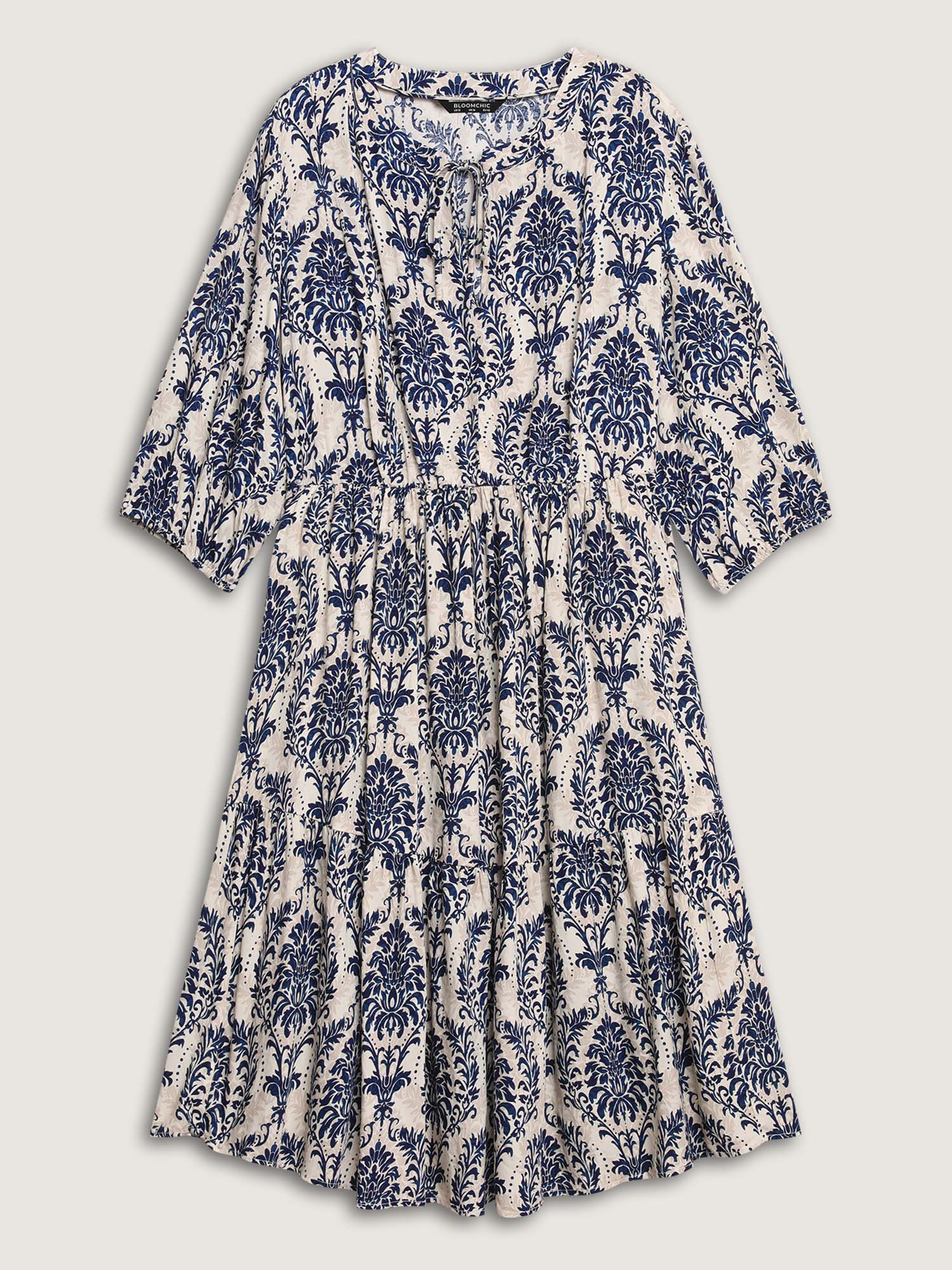 (22pcs Minimum Wholesale)Damask Print Tie Knot Puff Sleeve Dress