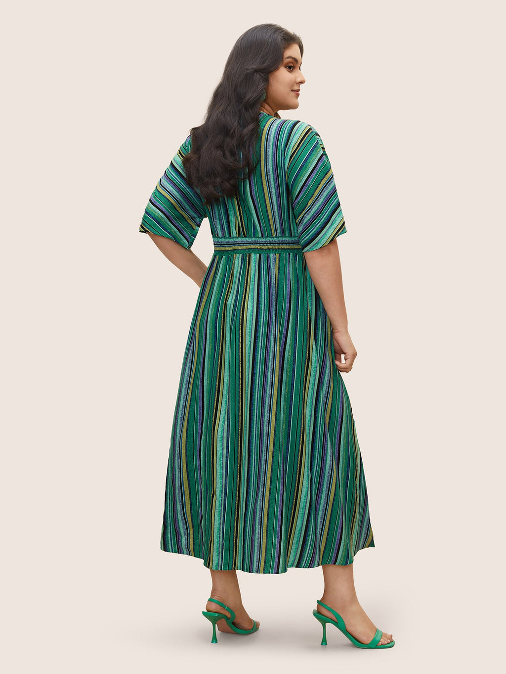 (25pcs Minimum Wholesale)Striped Contrast Dolman Sleeve Shirred Pocket Split Flutter Dress