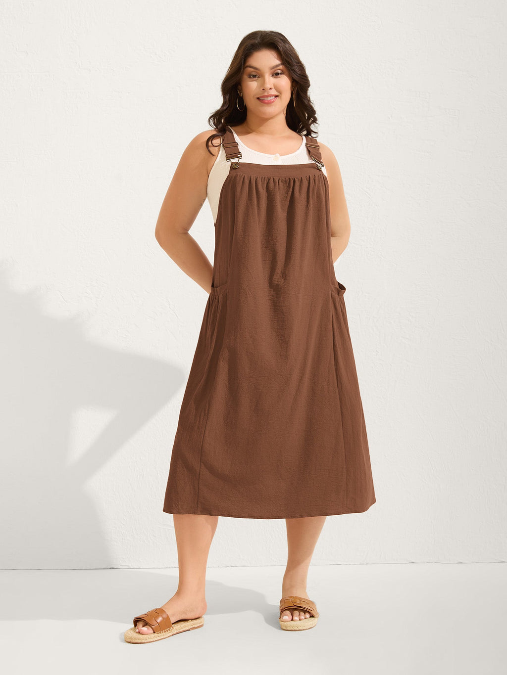 (20pcs Minimum Wholesale)Pure Cotton Pleated Pockets Midi Dress