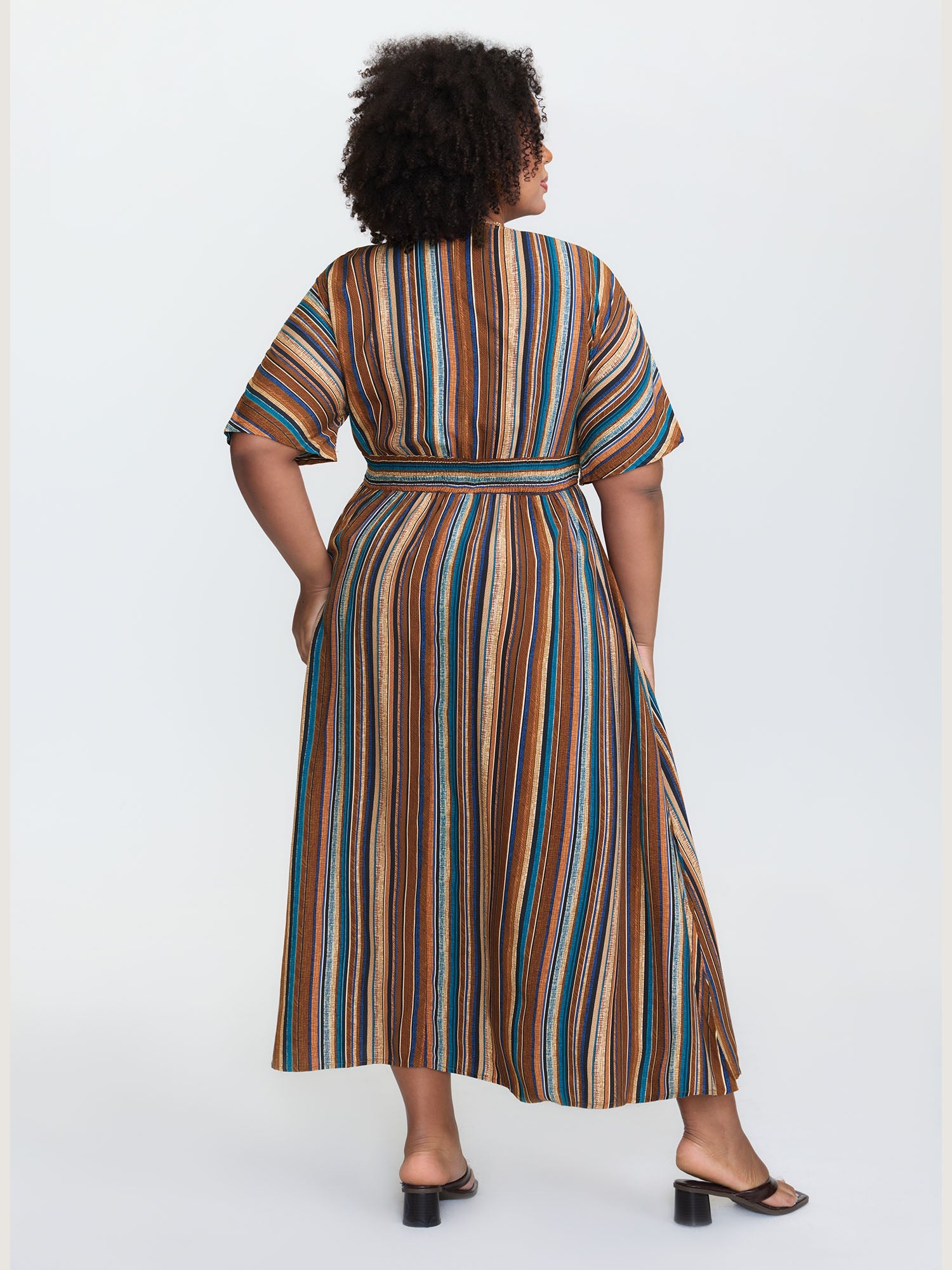 (25pcs Minimum Wholesale)Striped Contrast Dolman Sleeve Shirred Pocket Split Flutter Dress