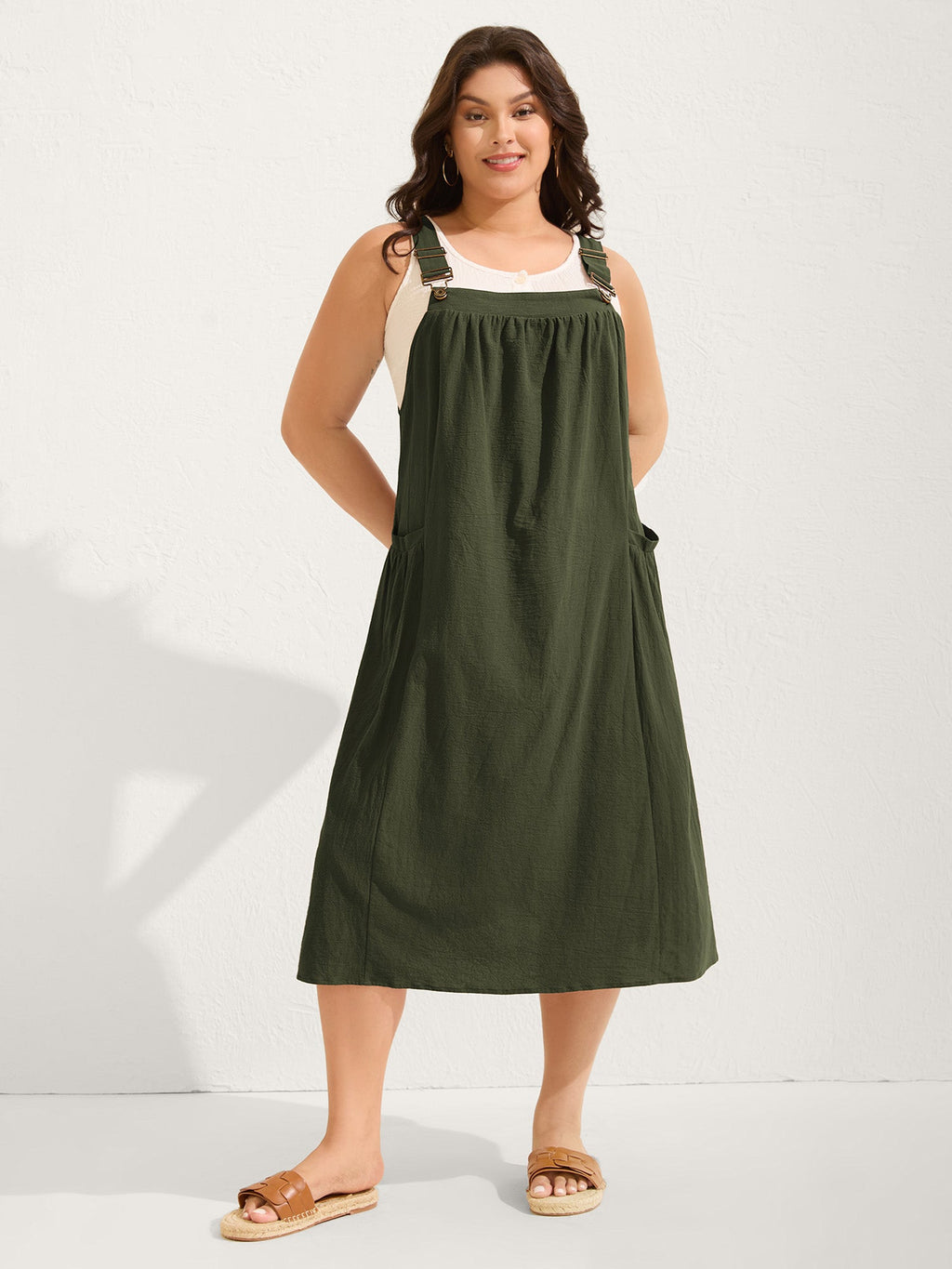 (20pcs Minimum Wholesale)Pure Cotton Pleated Pockets Midi Dress