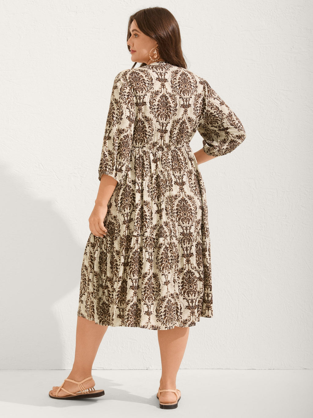 (22pcs Minimum Wholesale)Damask Print Tie Knot Puff Sleeve Dress