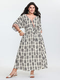 (25pcs Minimum Wholesale)Geometric Print Pockets Surplice Maxi Dress