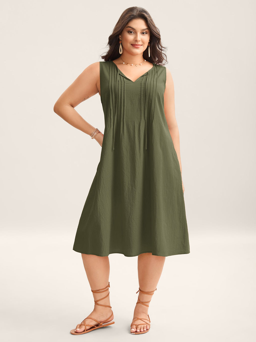 (18pcs Minimum Wholesale)Cotton Toothpick Pleat Plain Midi Dress