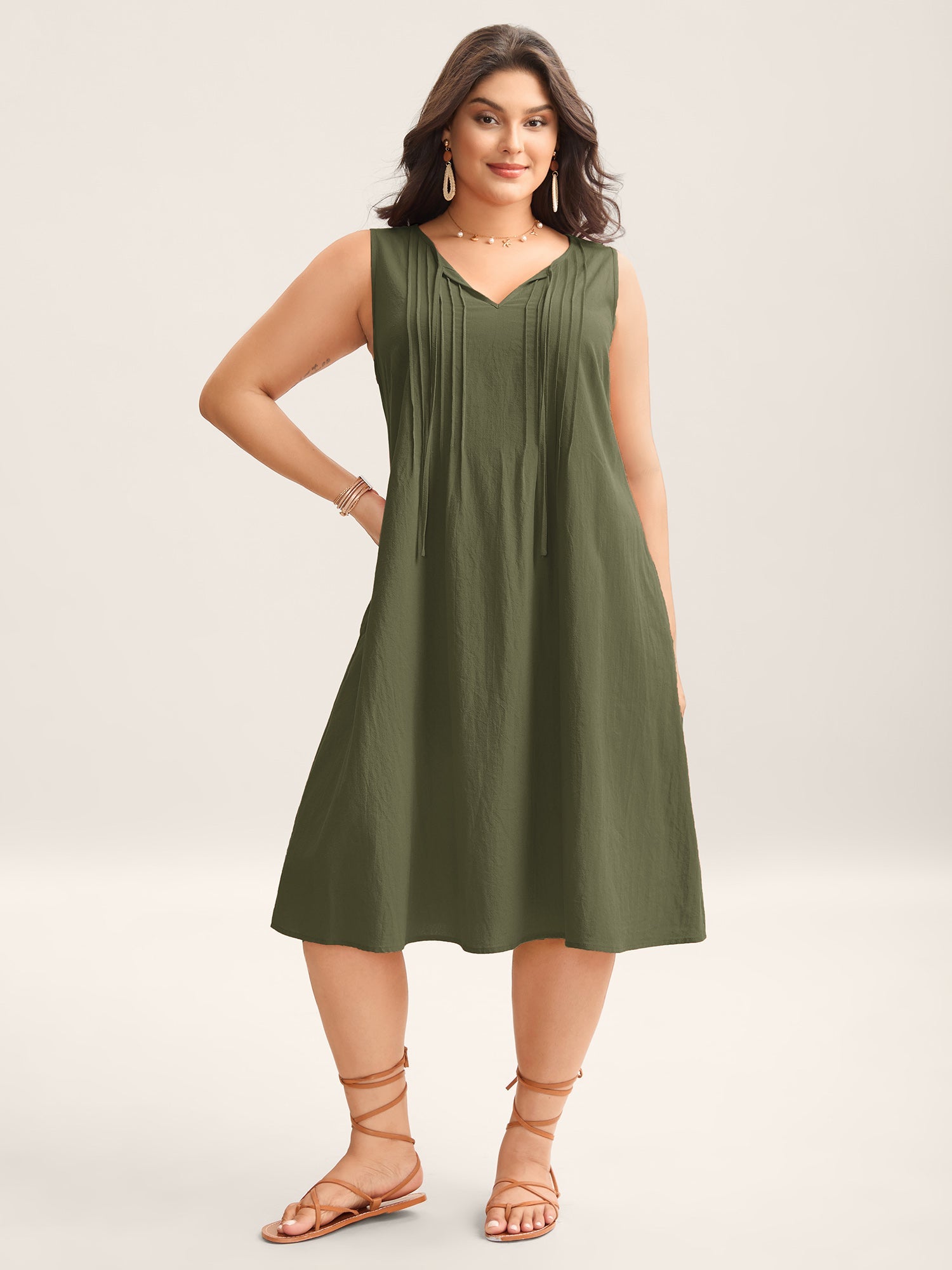 (18pcs Minimum Wholesale)Cotton Toothpick Pleat Plain Midi Dress
