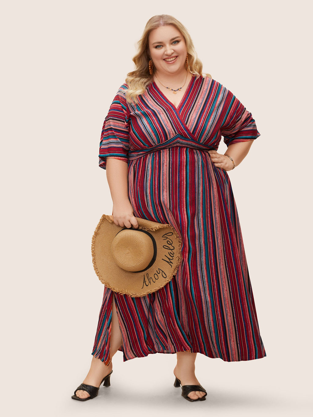 (25pcs Minimum Wholesale)Striped Contrast Dolman Sleeve Shirred Pocket Split Flutter Dress