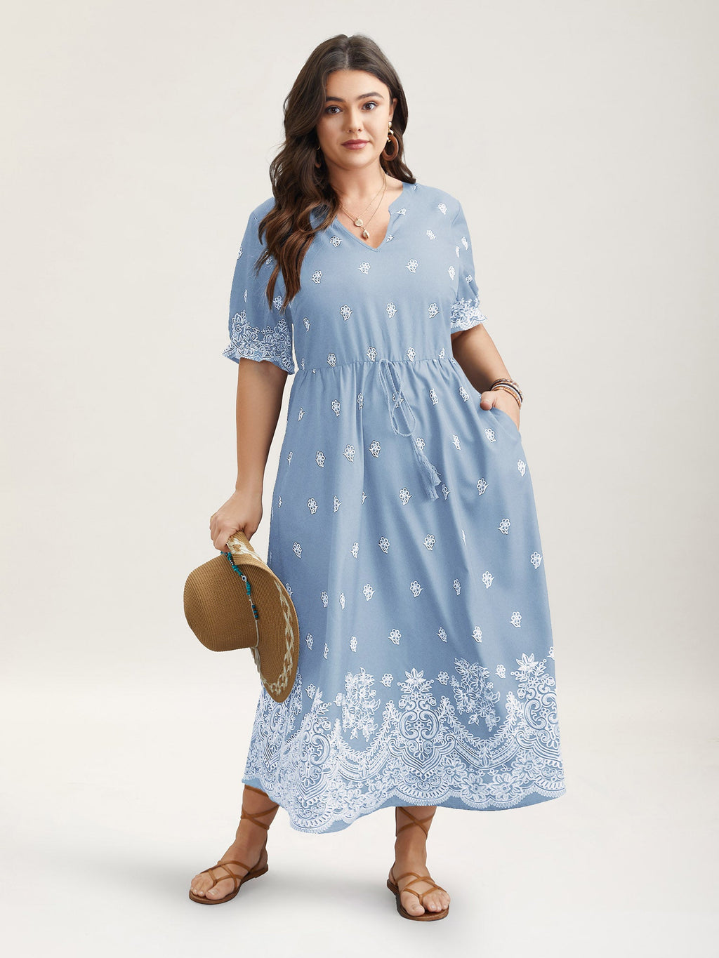 (16pcs Minimum Wholesale)Floral Waist-Tie Notched Collar Midi Dress