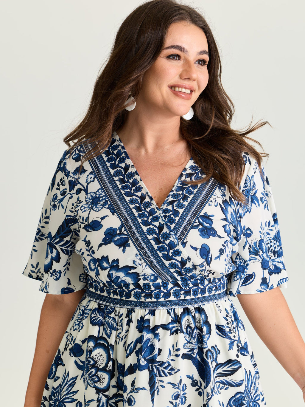 (22pcs Minimum Wholesale)Floral Print Wrap-Neck Pocket Midi Dress