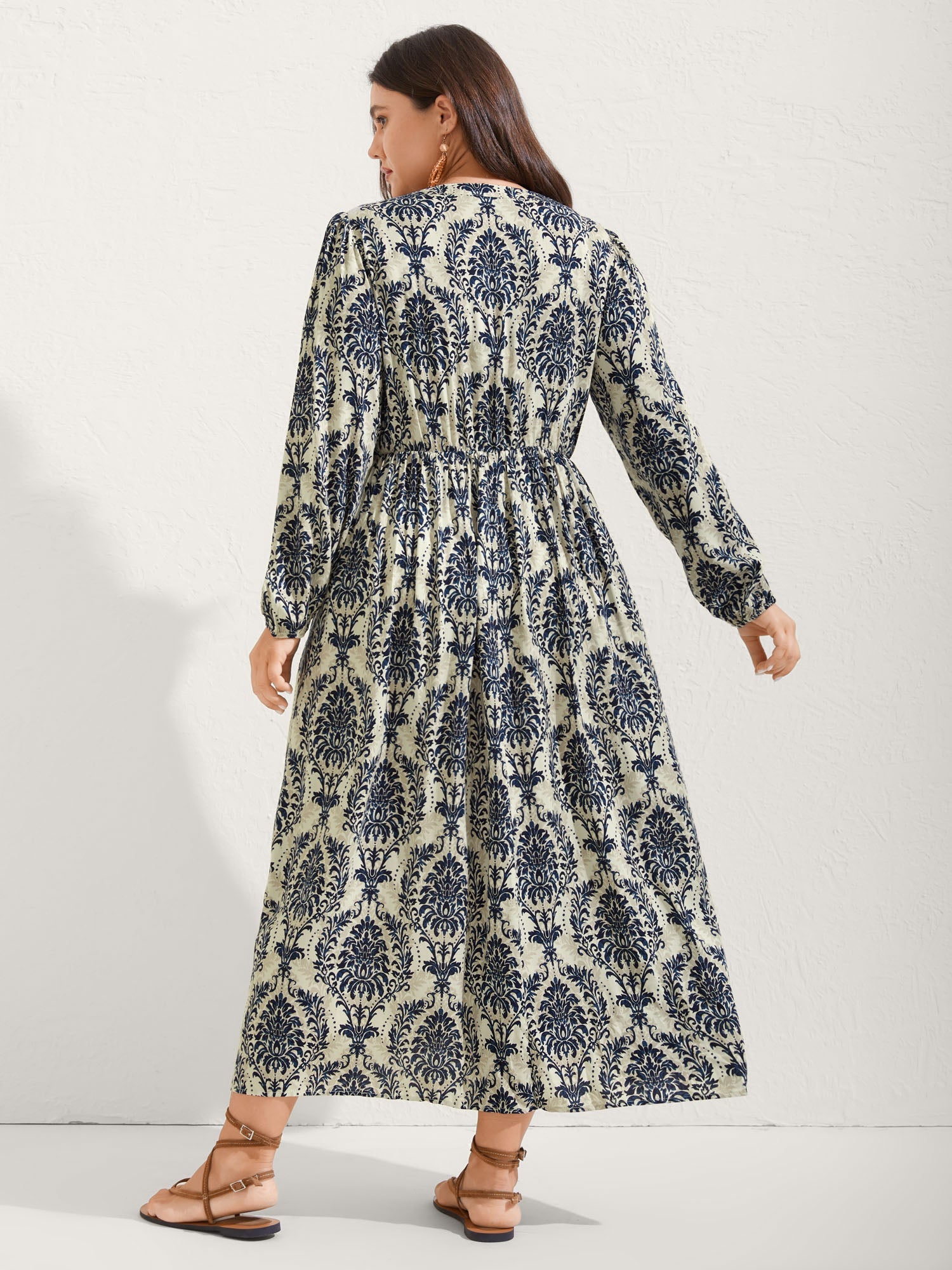 (18pcs Minimum Wholesale)Boho Print Notched Tie Knot Maxi Dress