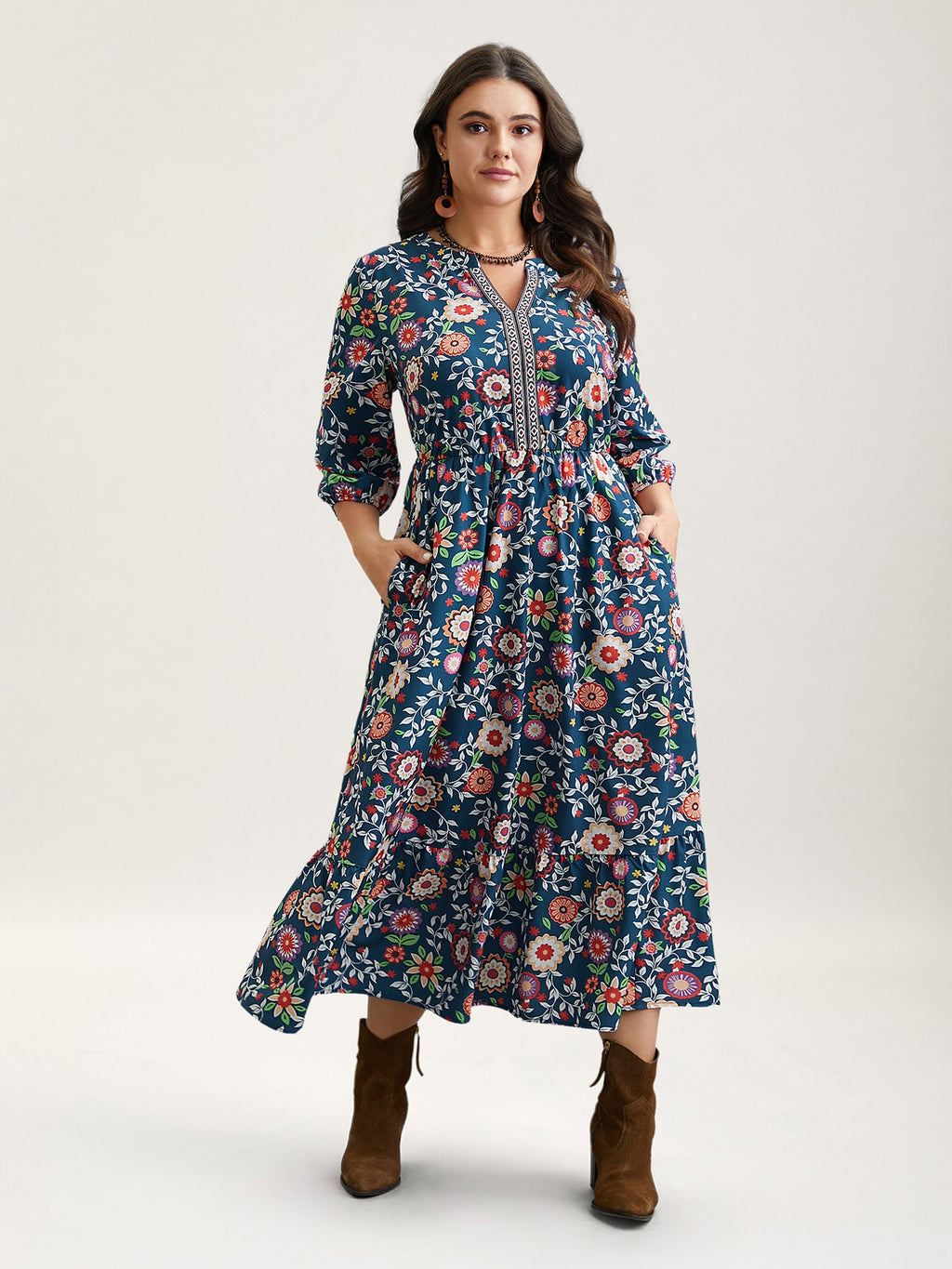 (20pcs Minimum Wholesale)Floral Print Stretchy-Waist Pockets Midi Dress