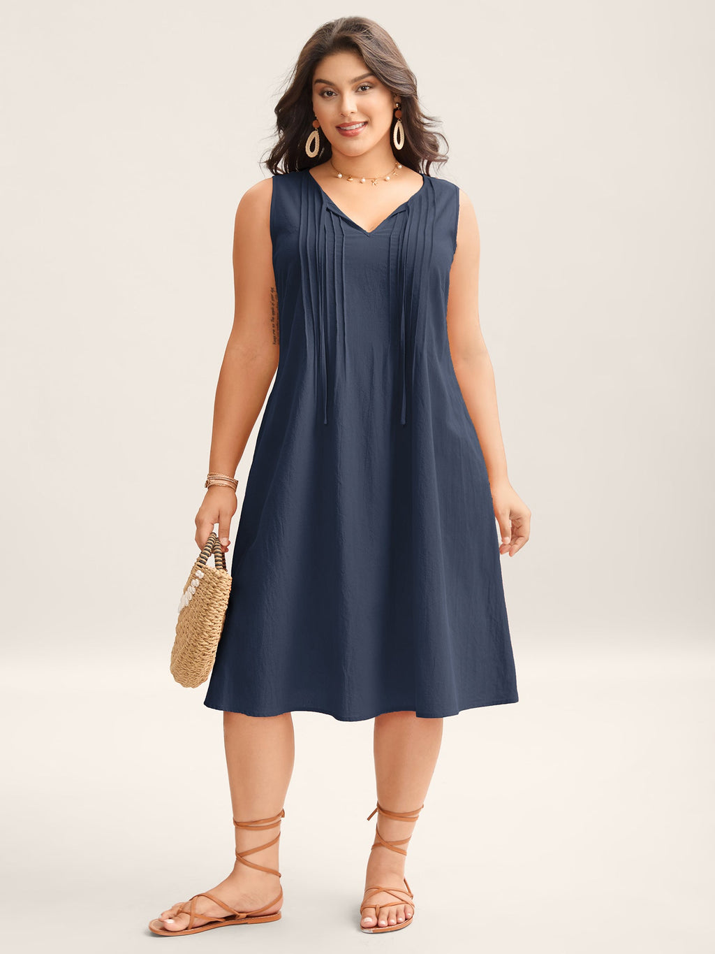 (18pcs Minimum Wholesale)Cotton Toothpick Pleat Plain Midi Dress