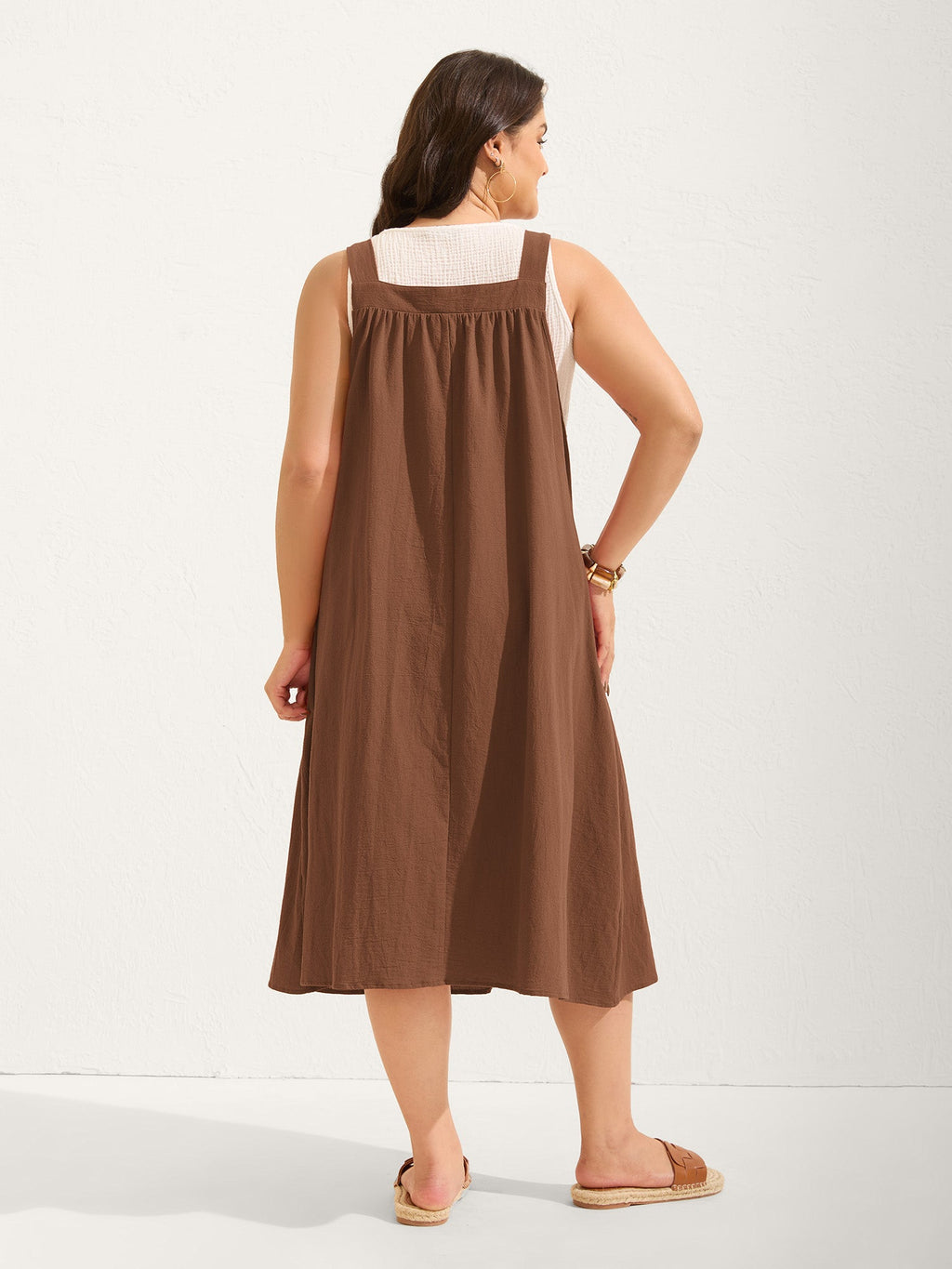(20pcs Minimum Wholesale)Pure Cotton Pleated Pockets Midi Dress