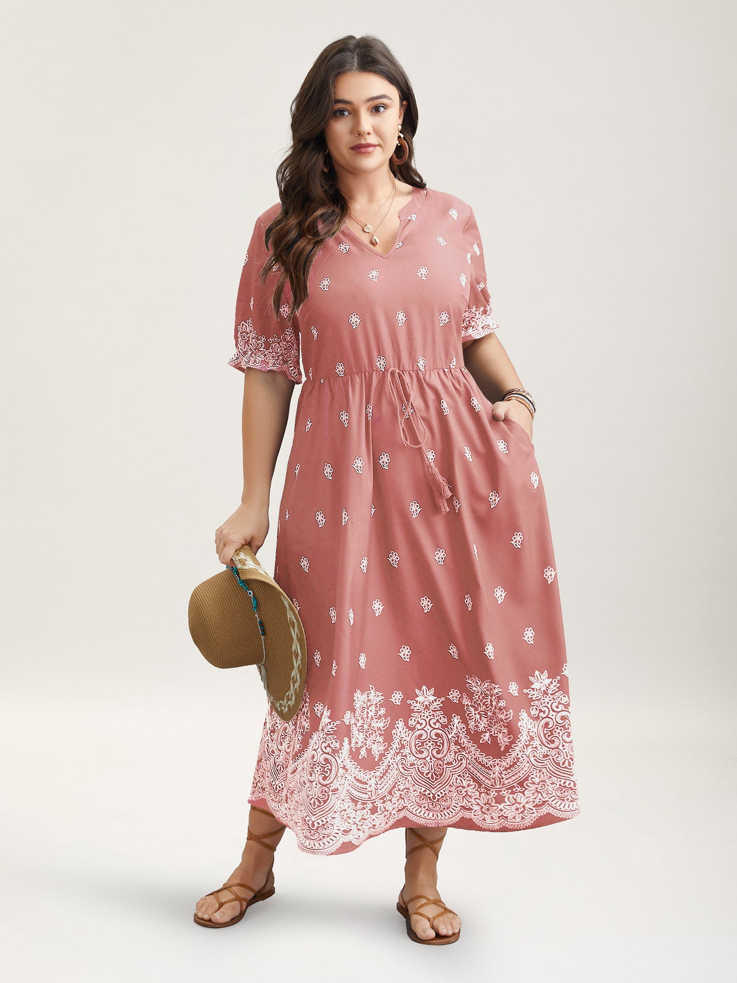 (16pcs Minimum Wholesale)Floral Waist-Tie Notched Collar Midi Dress