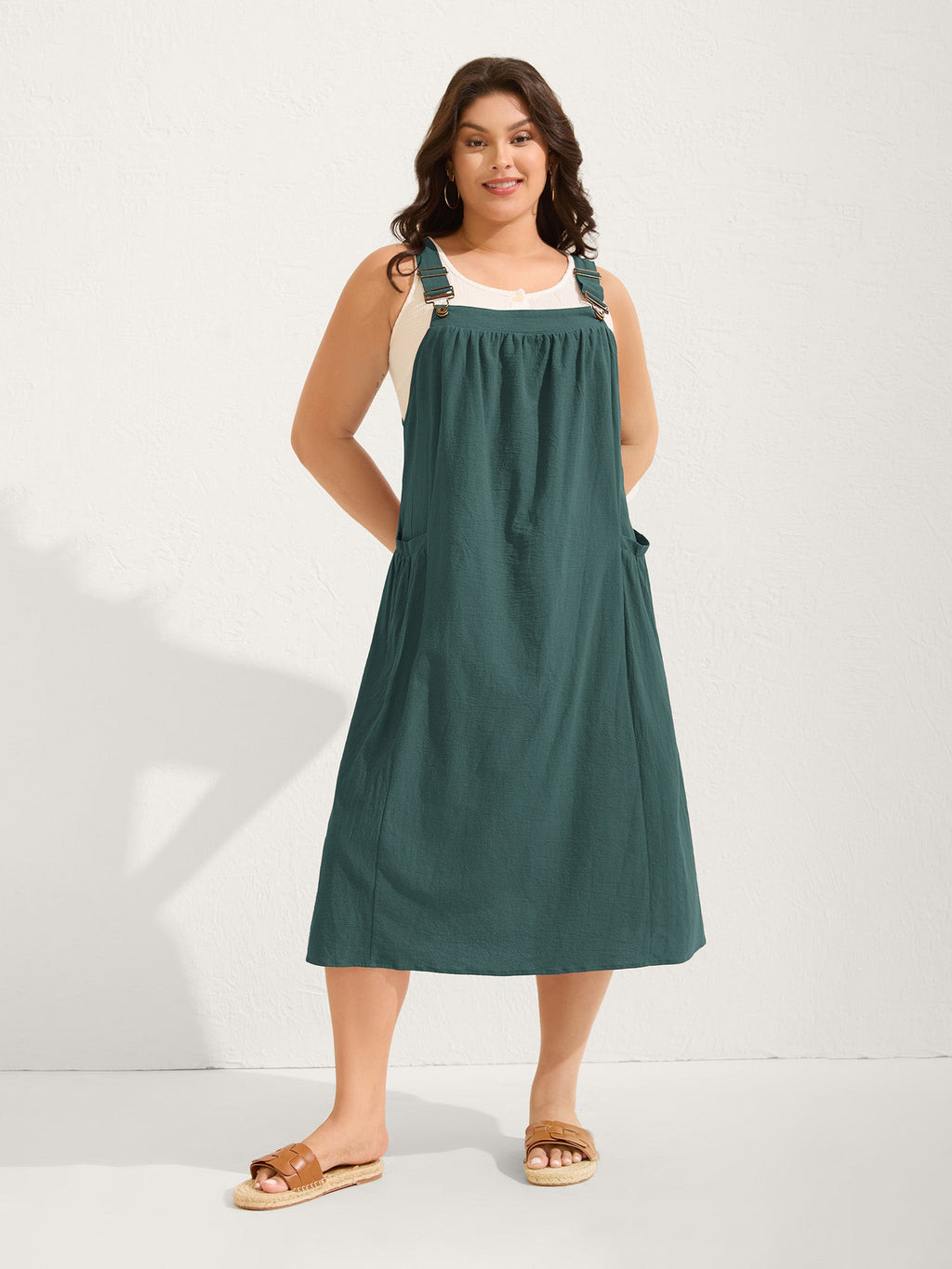 (20pcs Minimum Wholesale)Pure Cotton Pleated Pockets Midi Dress