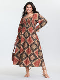 (22pcs Minimum Wholesale)Geometric Print Shirred Bodice Midi Dress