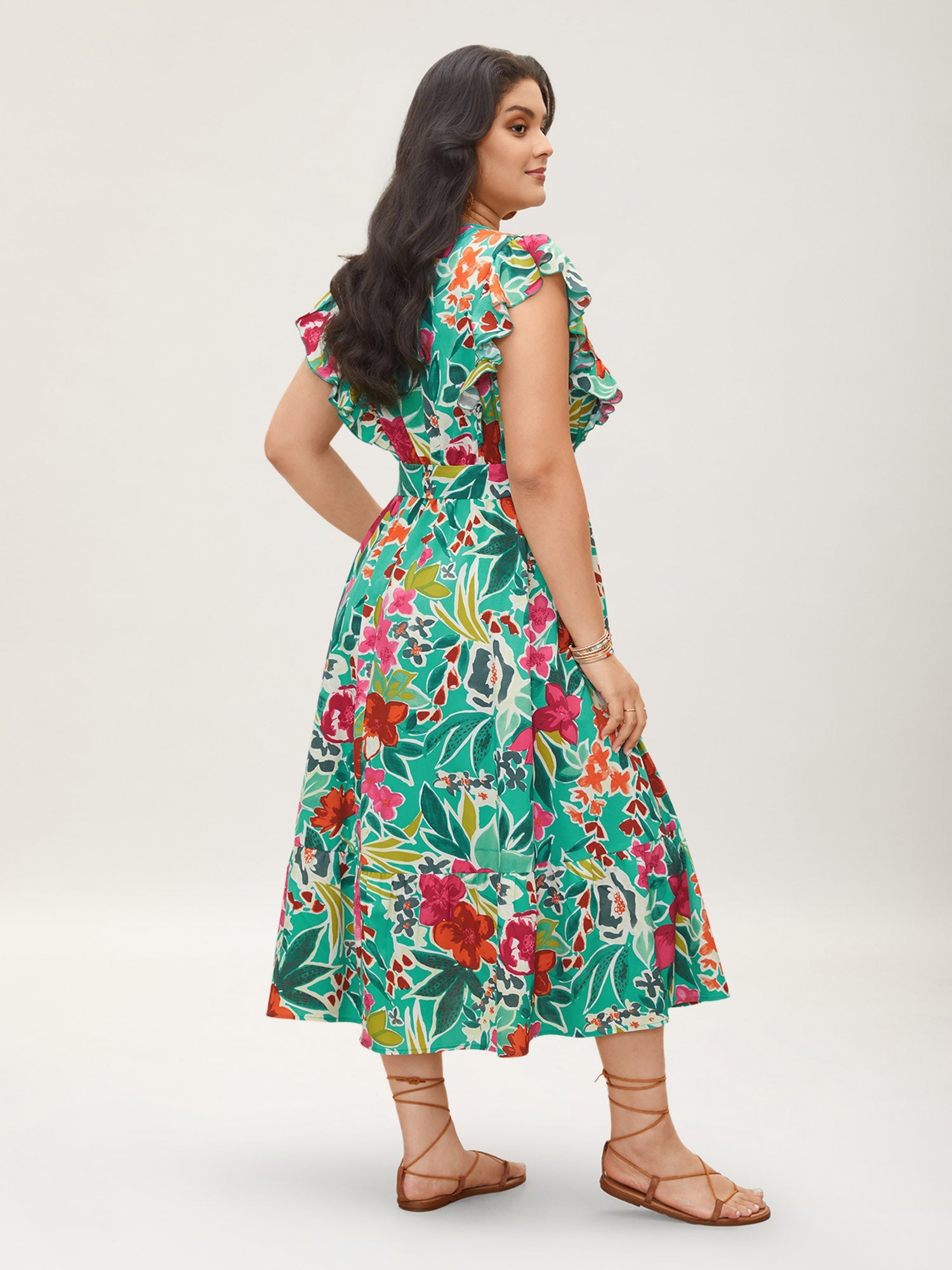(20pcs Minimum Wholesale)Floral Wrap Patchwork Ruffle Cap Sleeve Dress