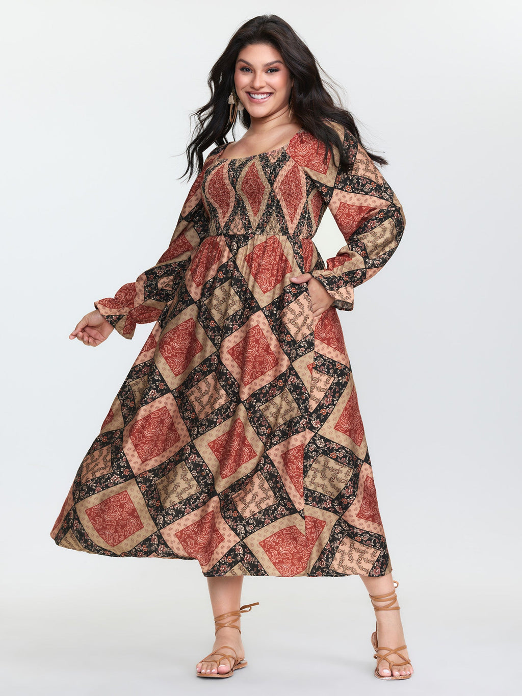 (22pcs Minimum Wholesale)Geometric Print Shirred Bodice Midi Dress