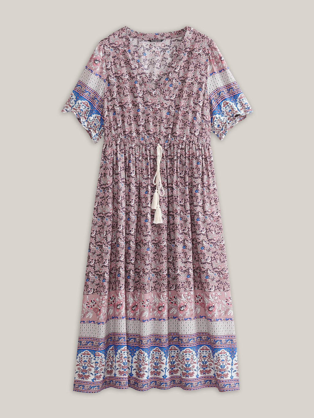 (20pcs Minimum Wholesale)Boho Print Notched Ties Tassel Trim Dress