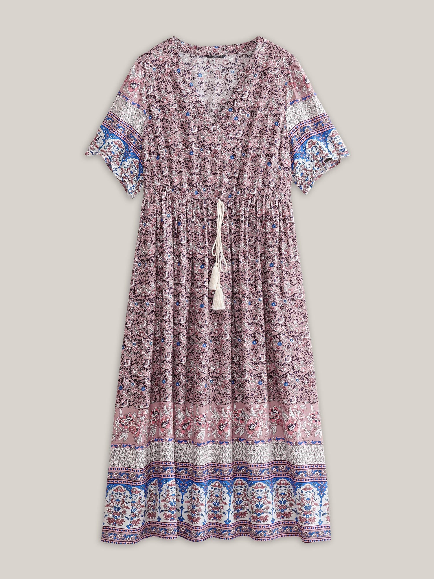 (20pcs Minimum Wholesale)Boho Print Notched Ties Tassel Trim Dress