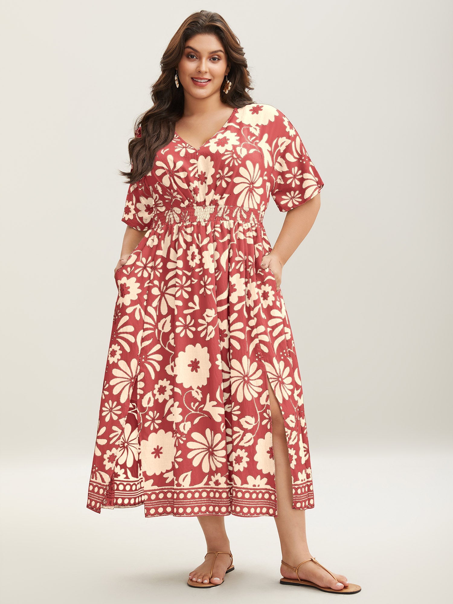 (16pcs Minimum Wholesale)Large Floral Print Pockets Midi Dress