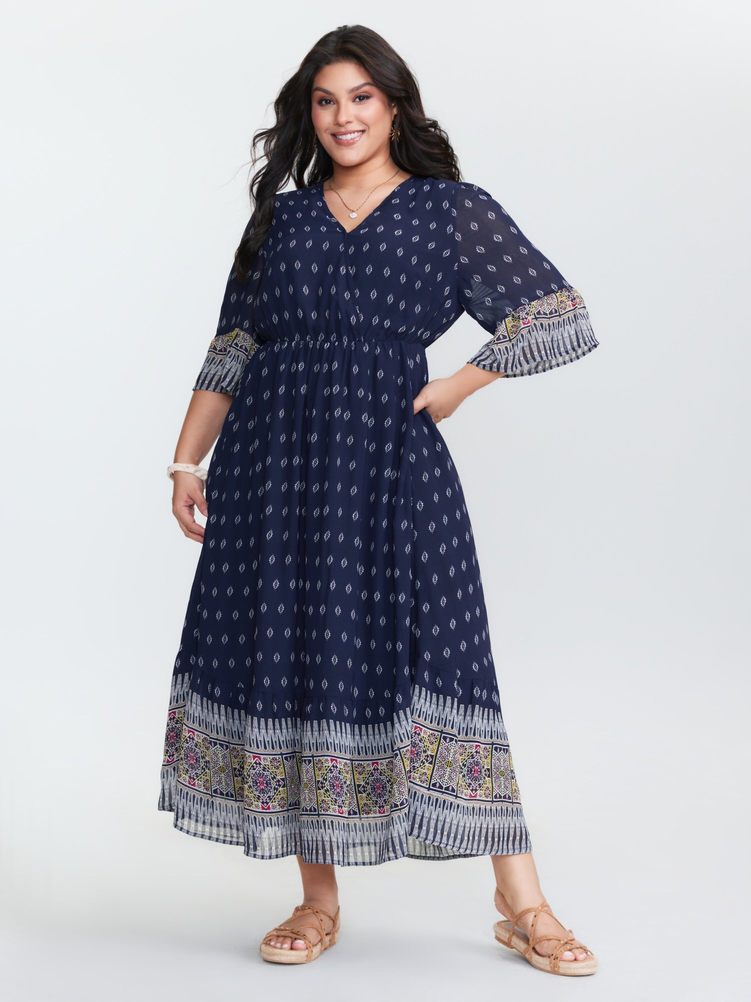 (25pcs Minimum Wholesale)Boho Geometric Print Wrap Maxi Dress