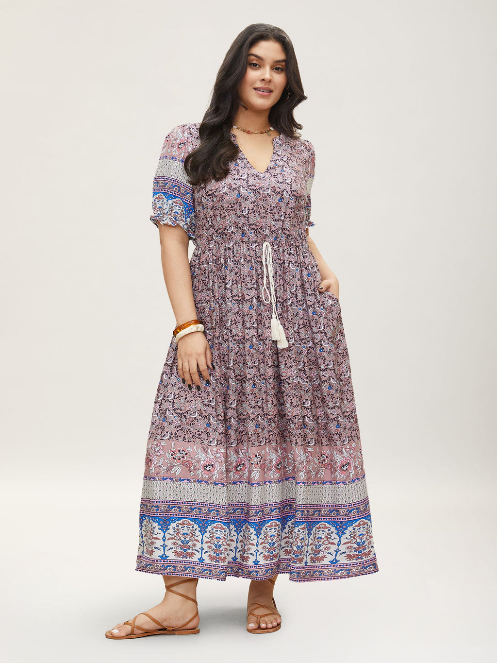 (20pcs Minimum Wholesale)Boho Print Notched Ties Tassel Trim Dress