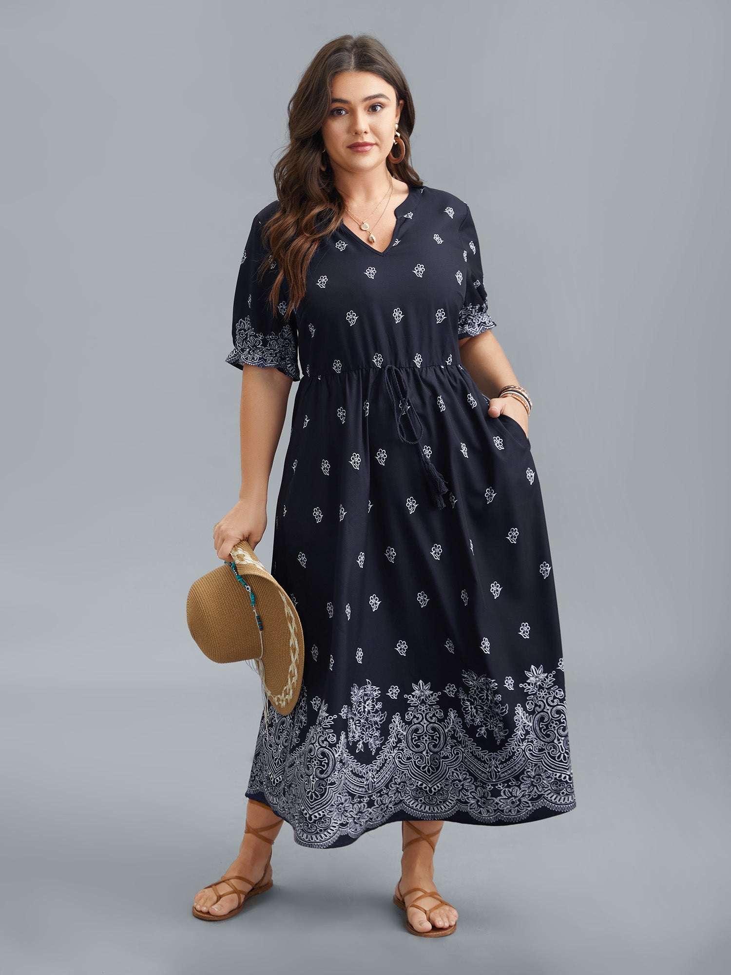 (16pcs Minimum Wholesale)Floral Waist-Tie Notched Collar Midi Dress