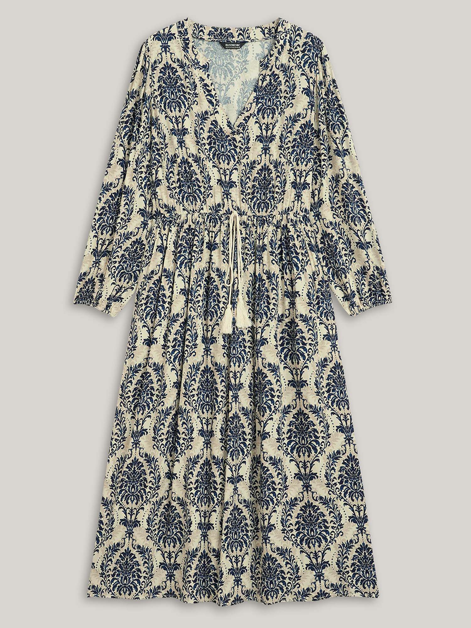 (18pcs Minimum Wholesale)Boho Print Notched Tie Knot Maxi Dress