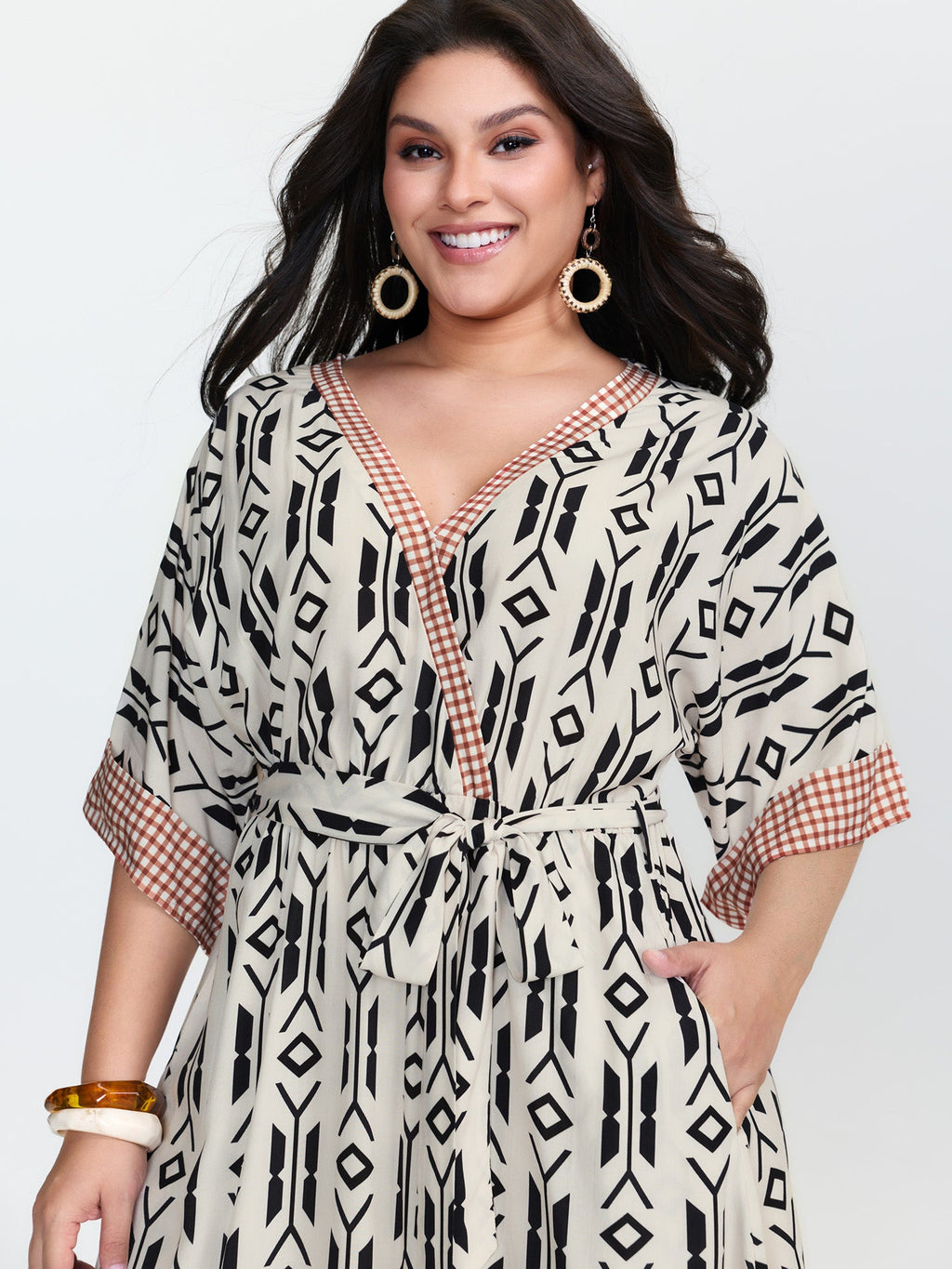(25pcs Minimum Wholesale)Geometric Print Pockets Surplice Maxi Dress