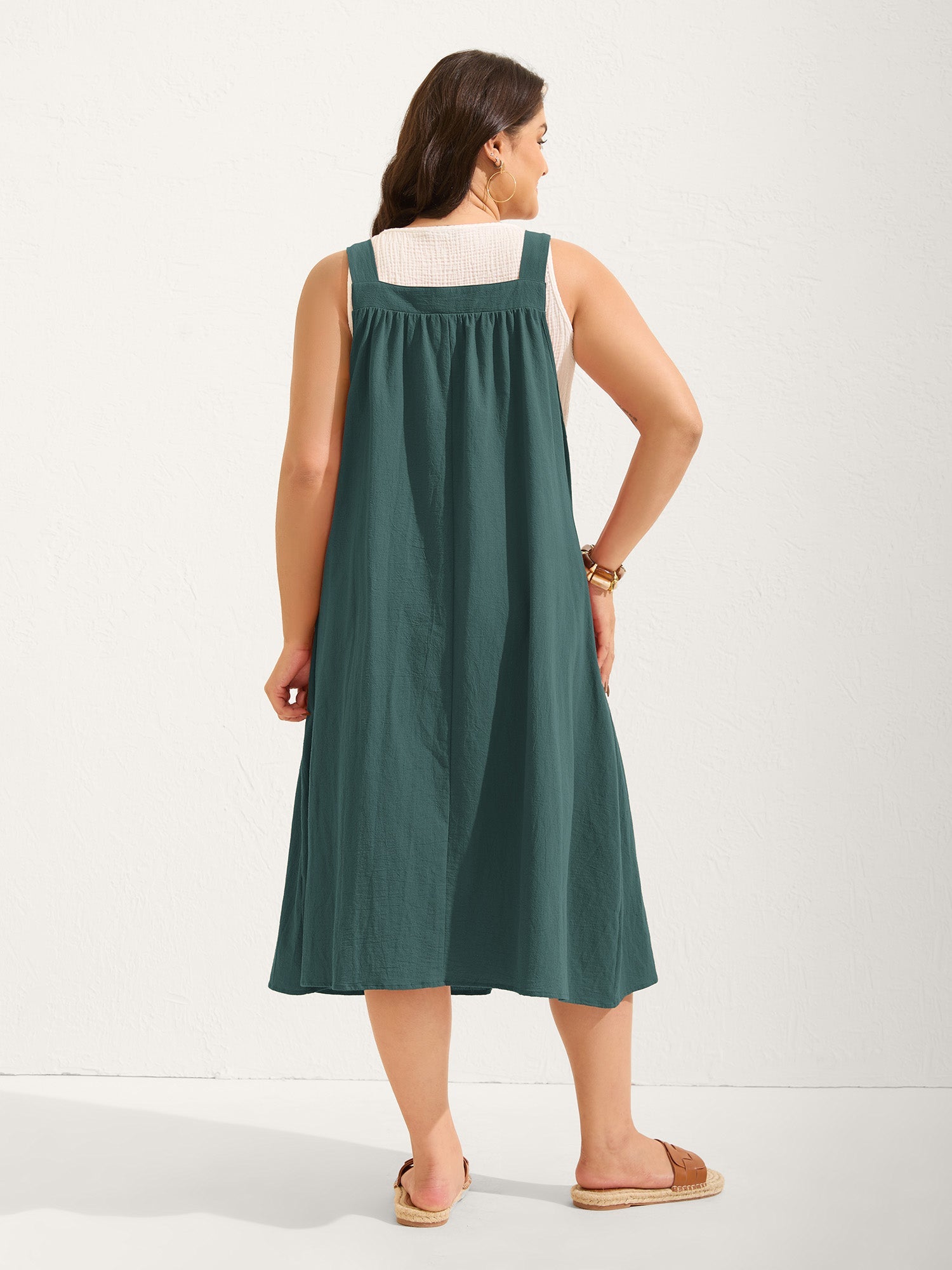 (20pcs Minimum Wholesale)Pure Cotton Pleated Pockets Midi Dress