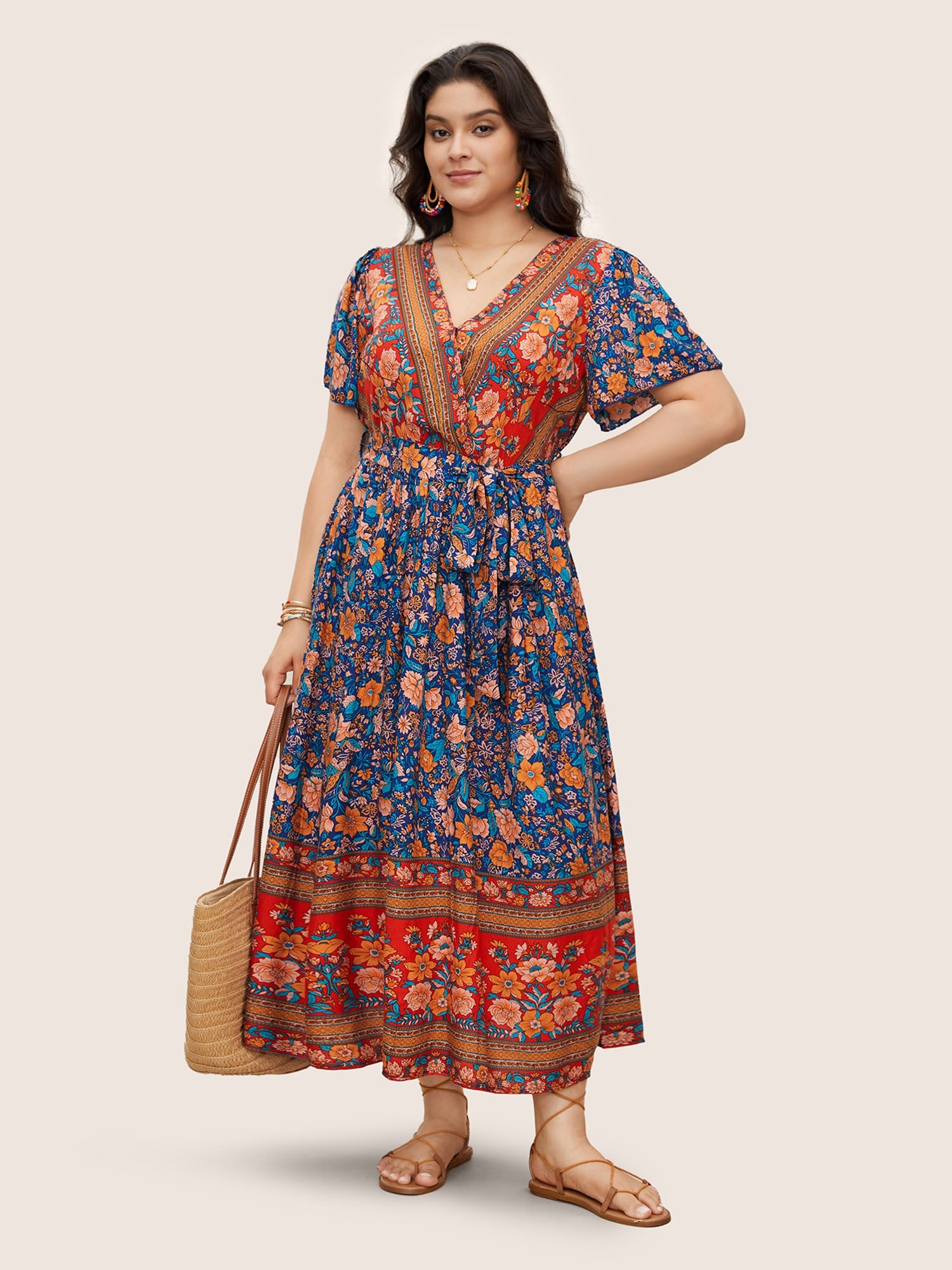 (18pcs Minimum Wholesale)Bandana Surplice Neck Pocket Belted Flutter Hem Maxi Dress