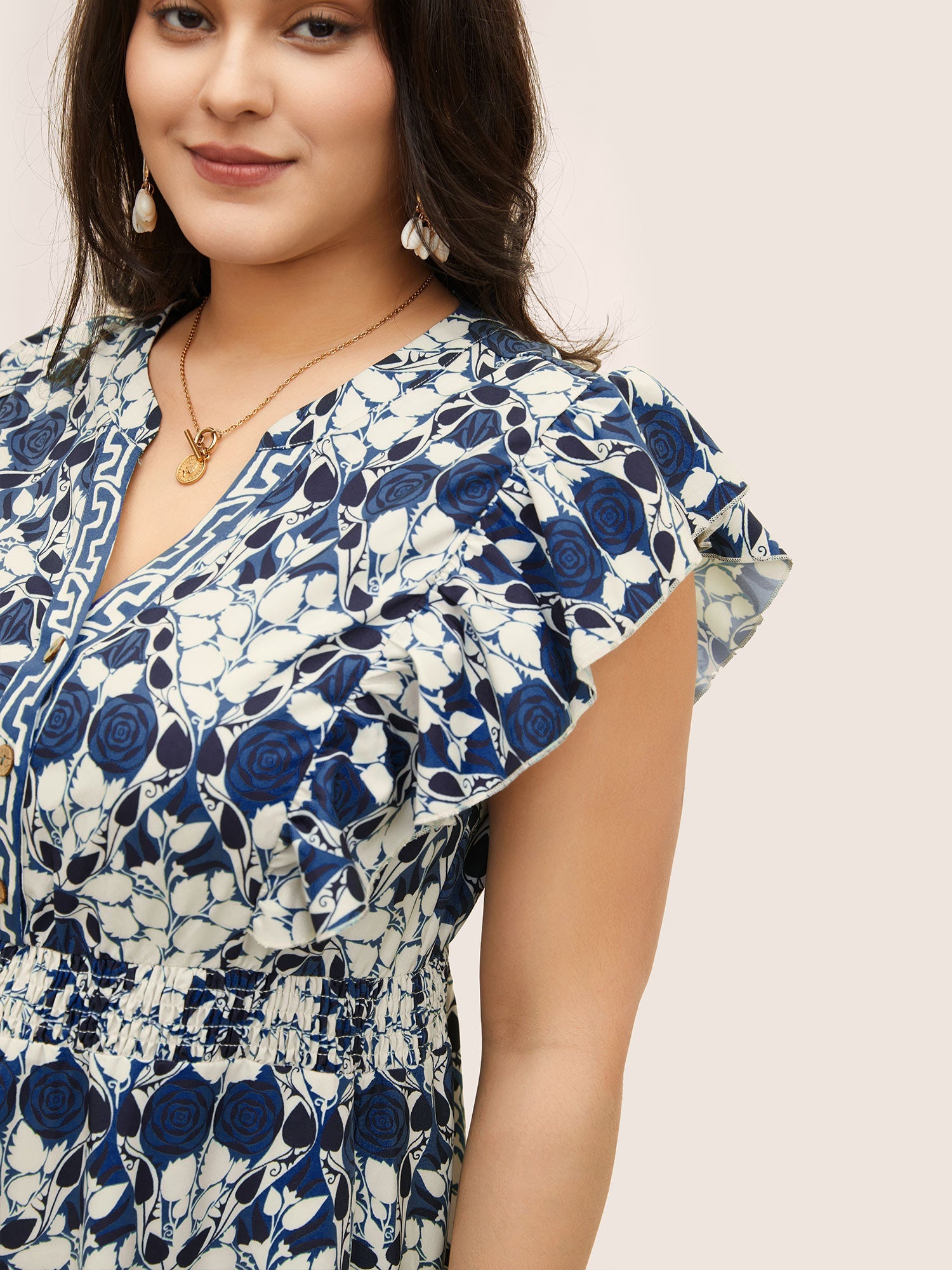 (16pcs Minimum Wholesale)Boho Print Ruffles Shirred Pocket Elastic Waist Dress