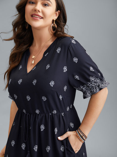 (16pcs Minimum Wholesale)Floral Waist-Tie Notched Collar Midi Dress
