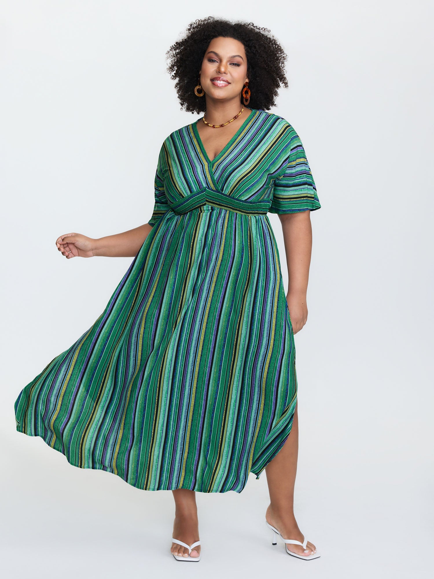 (25pcs Minimum Wholesale)Striped Contrast Dolman Sleeve Shirred Pocket Split Flutter Dress