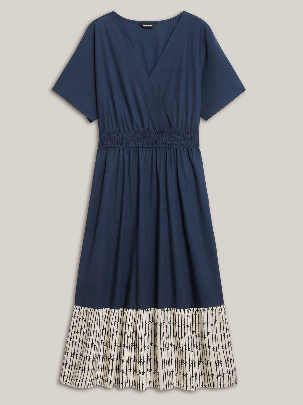 (20pcs Minimum Wholesale)Cotton Color Block Cinched-Waist Spliced Midi Dress