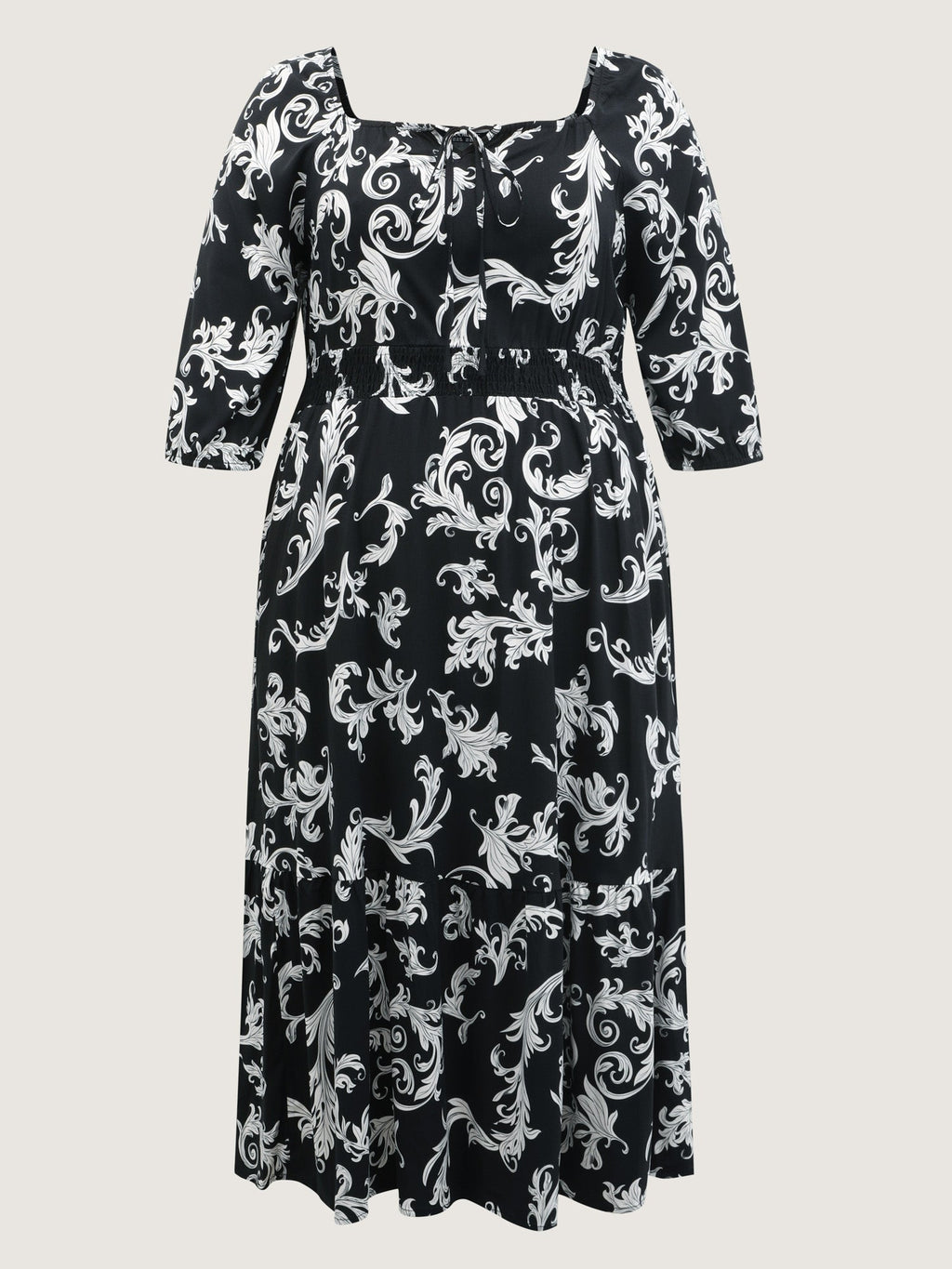 (16pcs Minimum Wholesale)Scroll Pattern Adjustable Drawstring Pockets Midi Dress