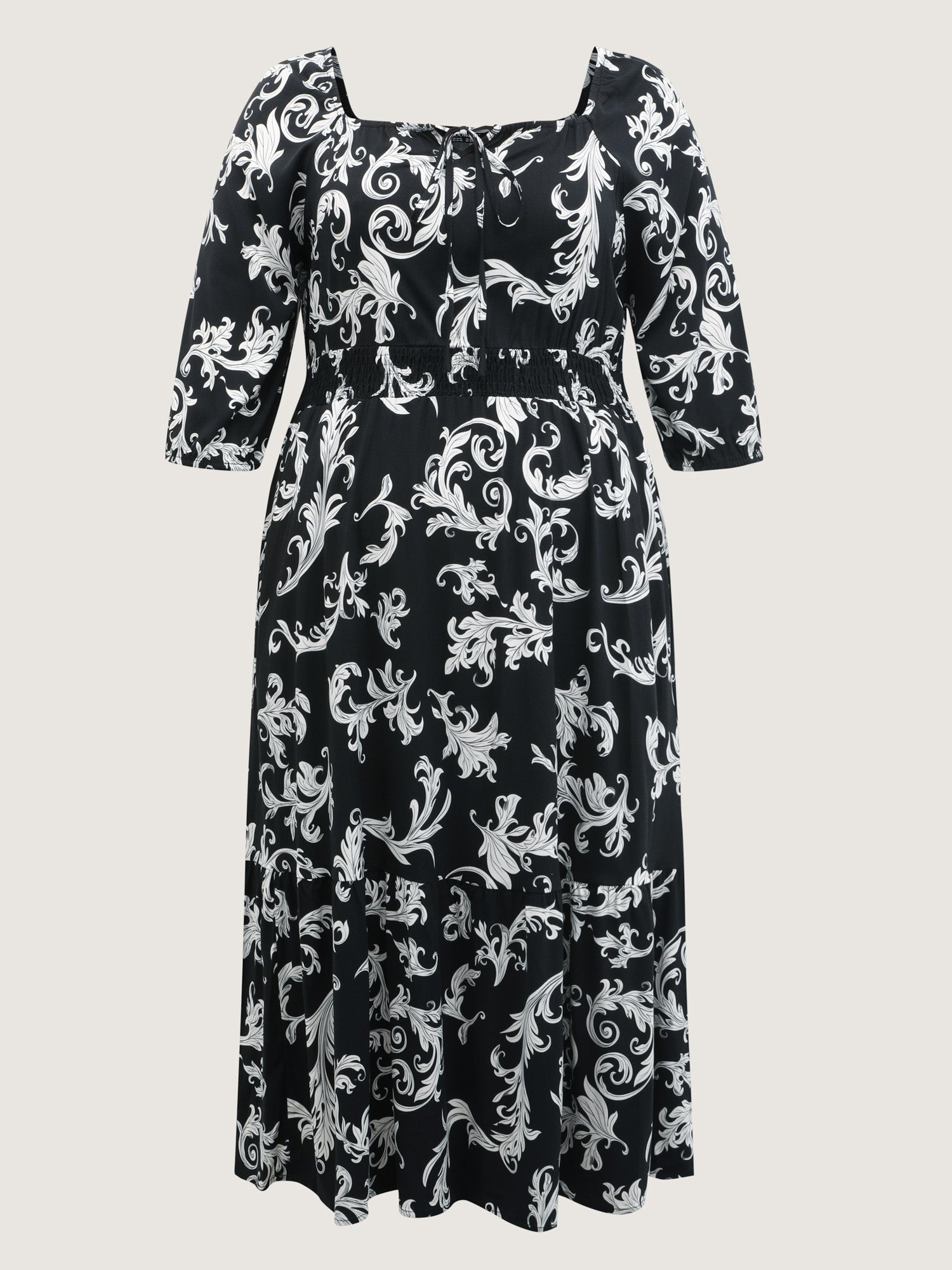 (16pcs Minimum Wholesale)Scroll Pattern Adjustable Drawstring Pockets Midi Dress