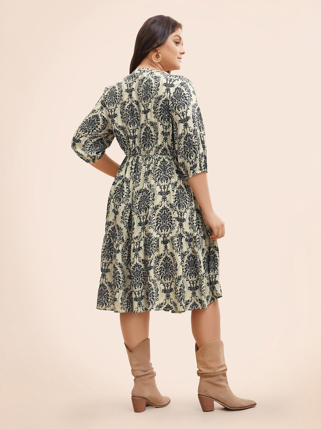 (22pcs Minimum Wholesale)Damask Print Tie Knot Puff Sleeve Dress