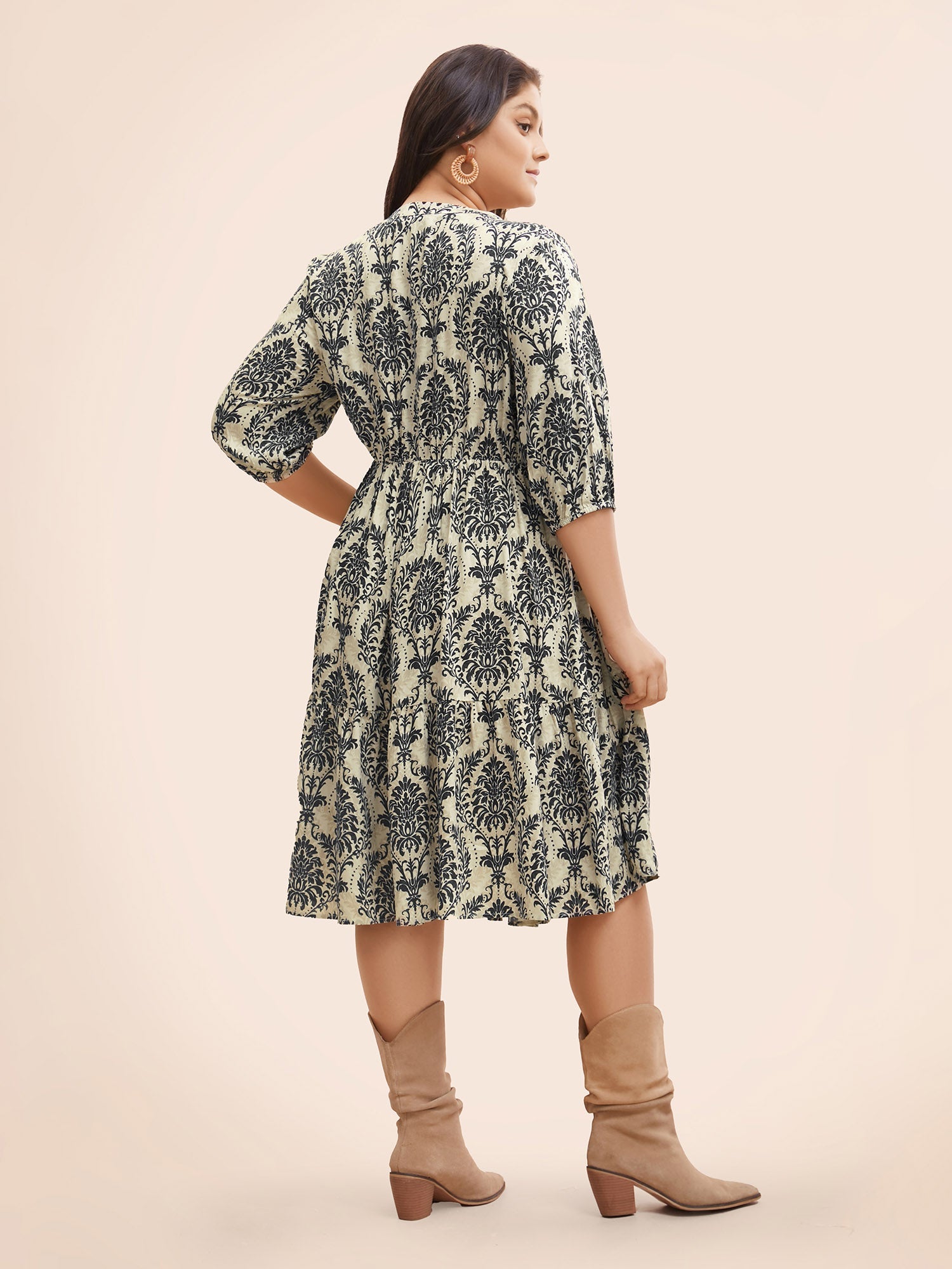 (22pcs Minimum Wholesale)Damask Print Tie Knot Puff Sleeve Dress